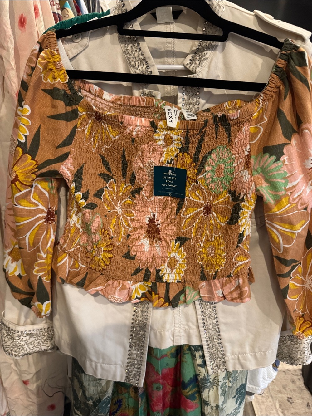 Roxy Floral Smocked Crop Top in Peach, Pink, Yellow & Green